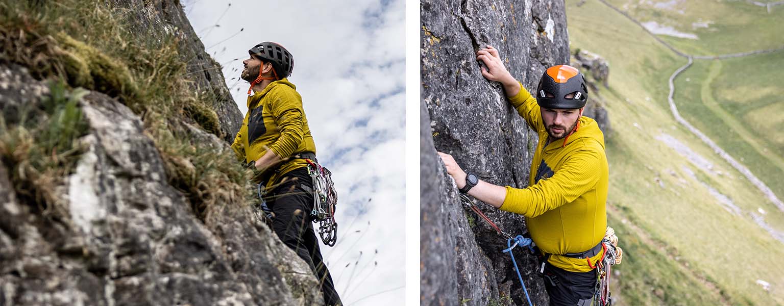 Two images is one - on both is the same man, wearing climbing kit, climbing a rock.