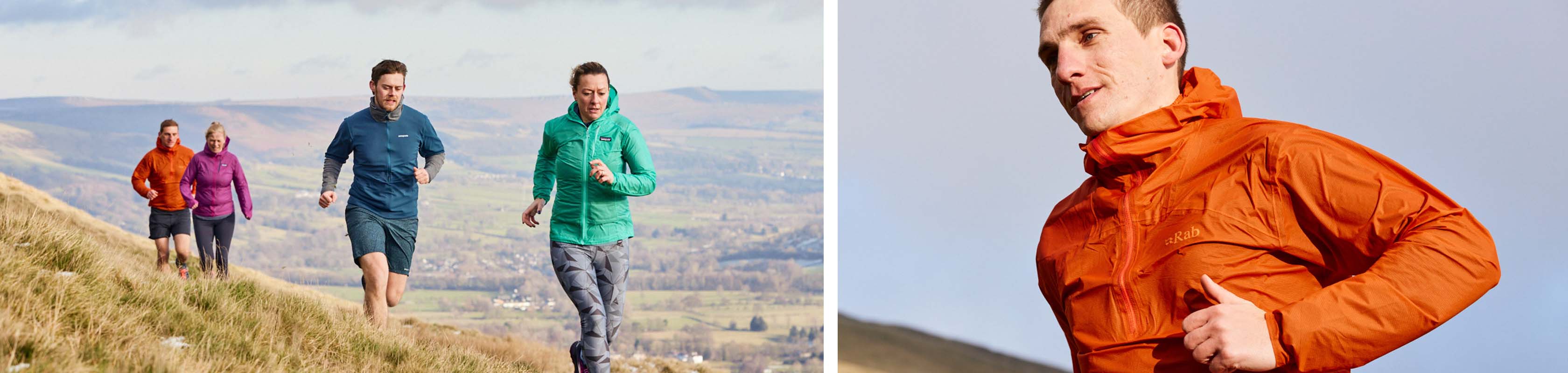 Two images in one - on both images people are running in rural areas, wearing light running jackets.