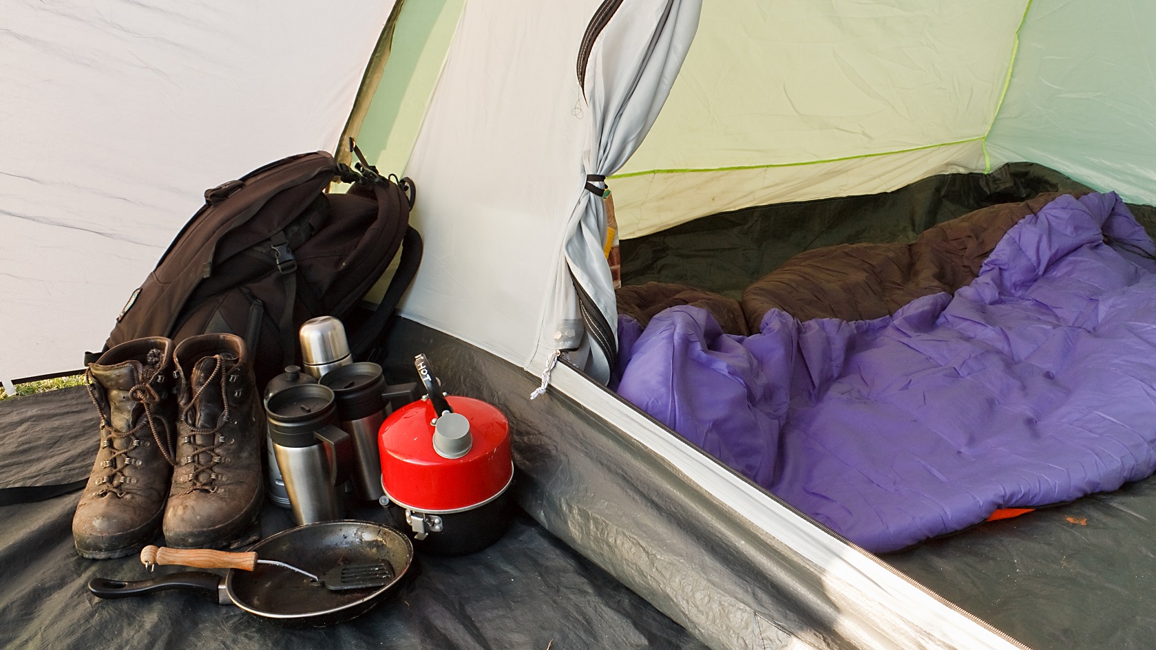 camping equipment in a tent