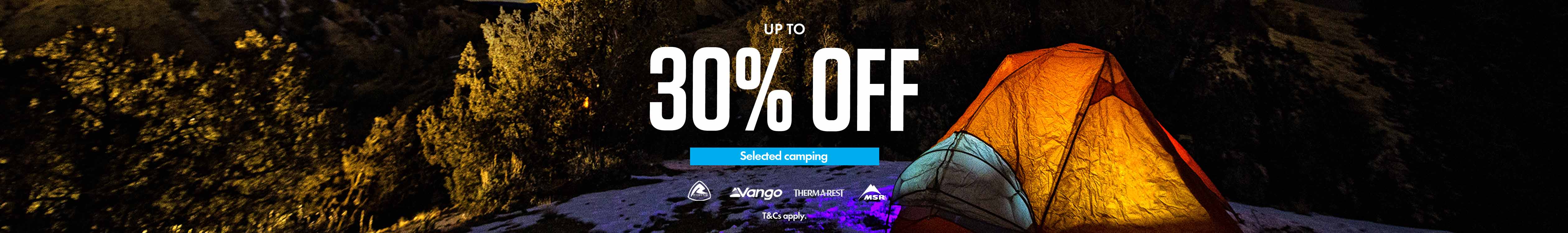 Up to 30% off camping message on the image with a yellow tent.