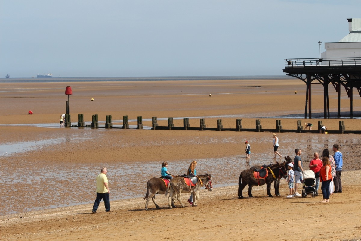 People on Cleethorpes beach riding donkeys