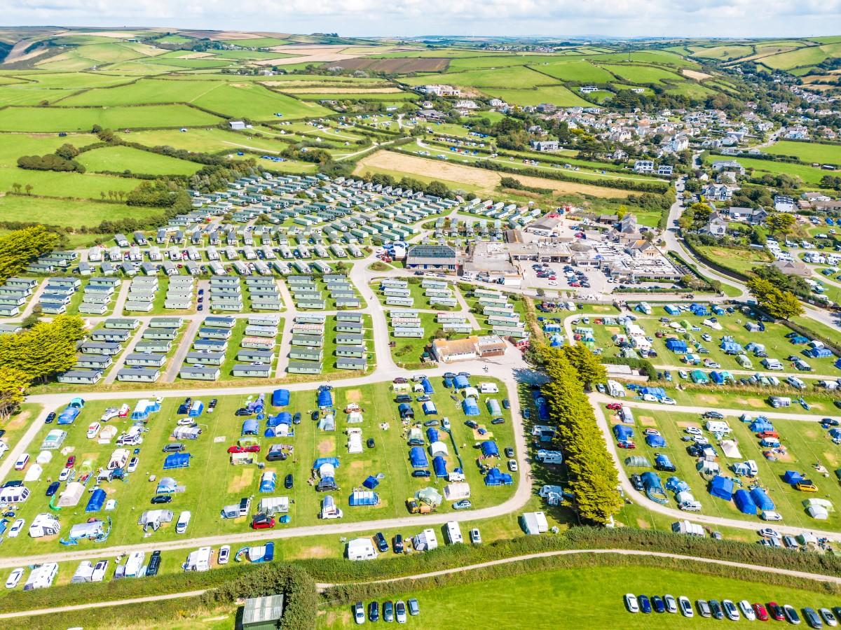 An aerial view of a campsite in Devon 