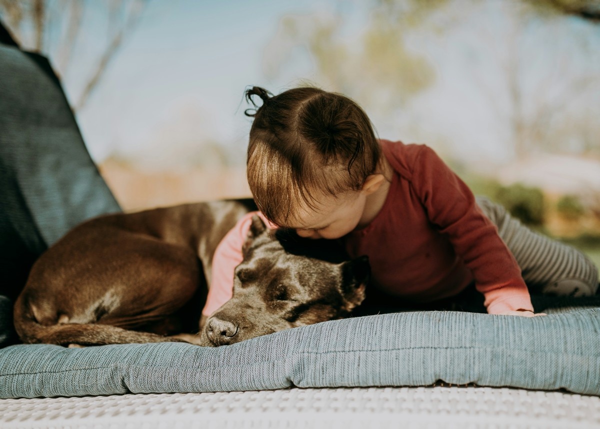 A child hugging their dog in a tent 