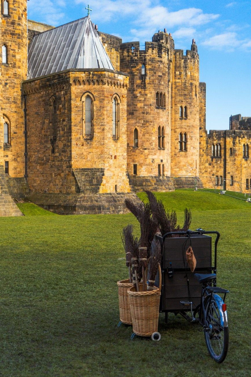 Alnwick Castle with broomsticks from Harry Potter