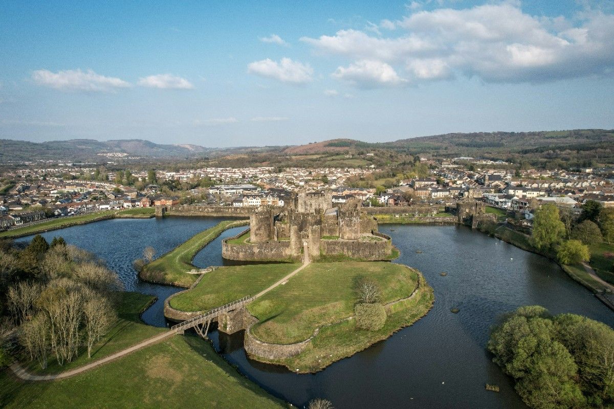 An aerial image of Caerphilly Castle 