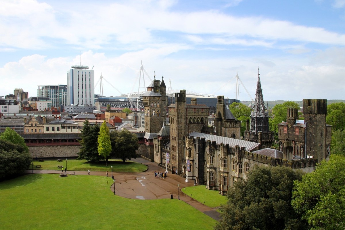 Cardiff Castle with Cardiff City Centre in the background