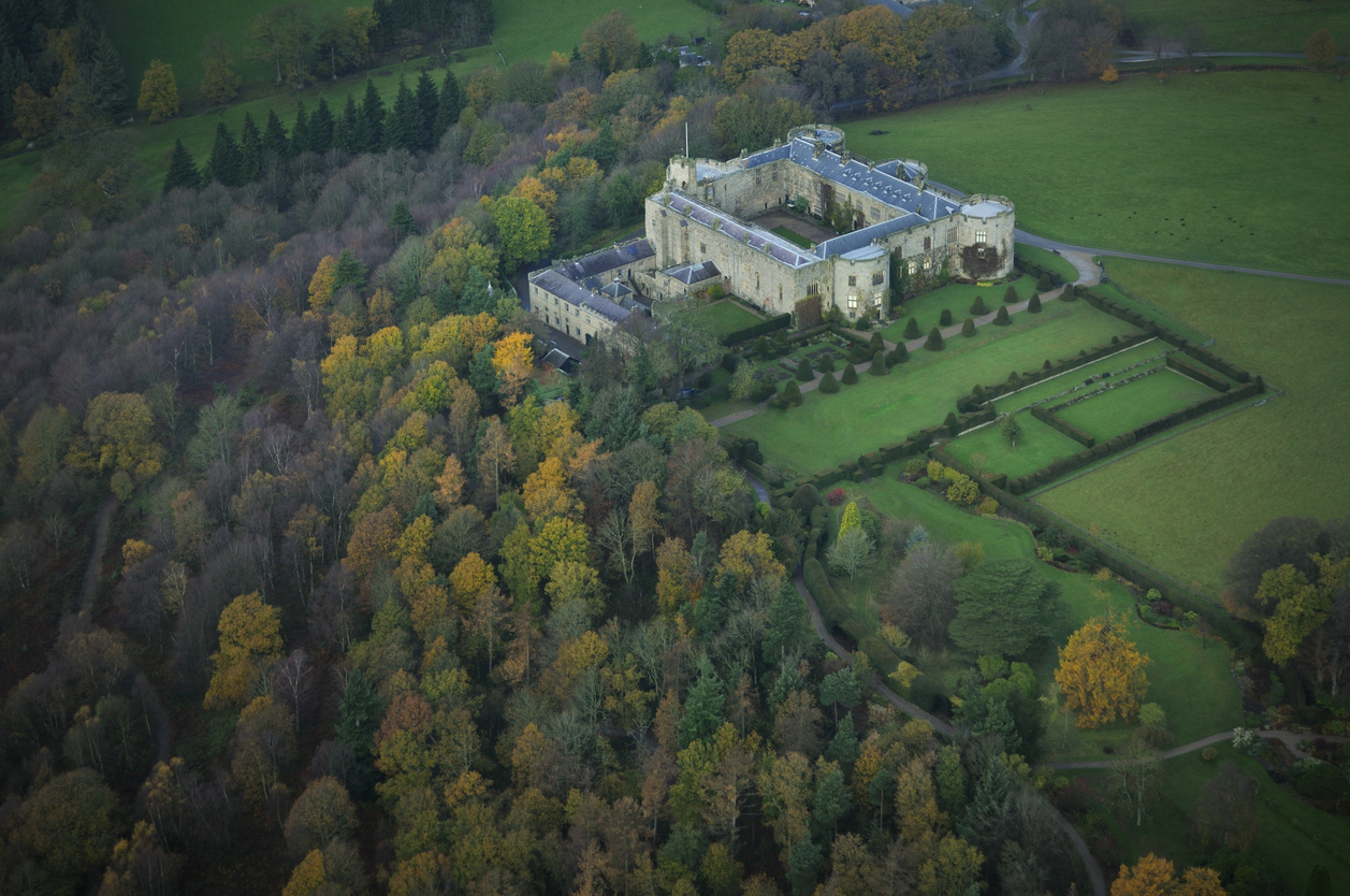 An aerial image of Chirk Castle and its surrounding grounds