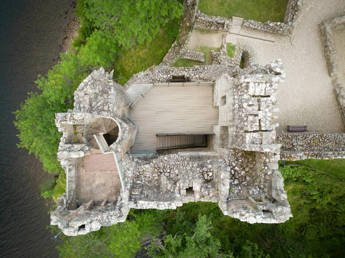 An aerial view of Urquhart Castle