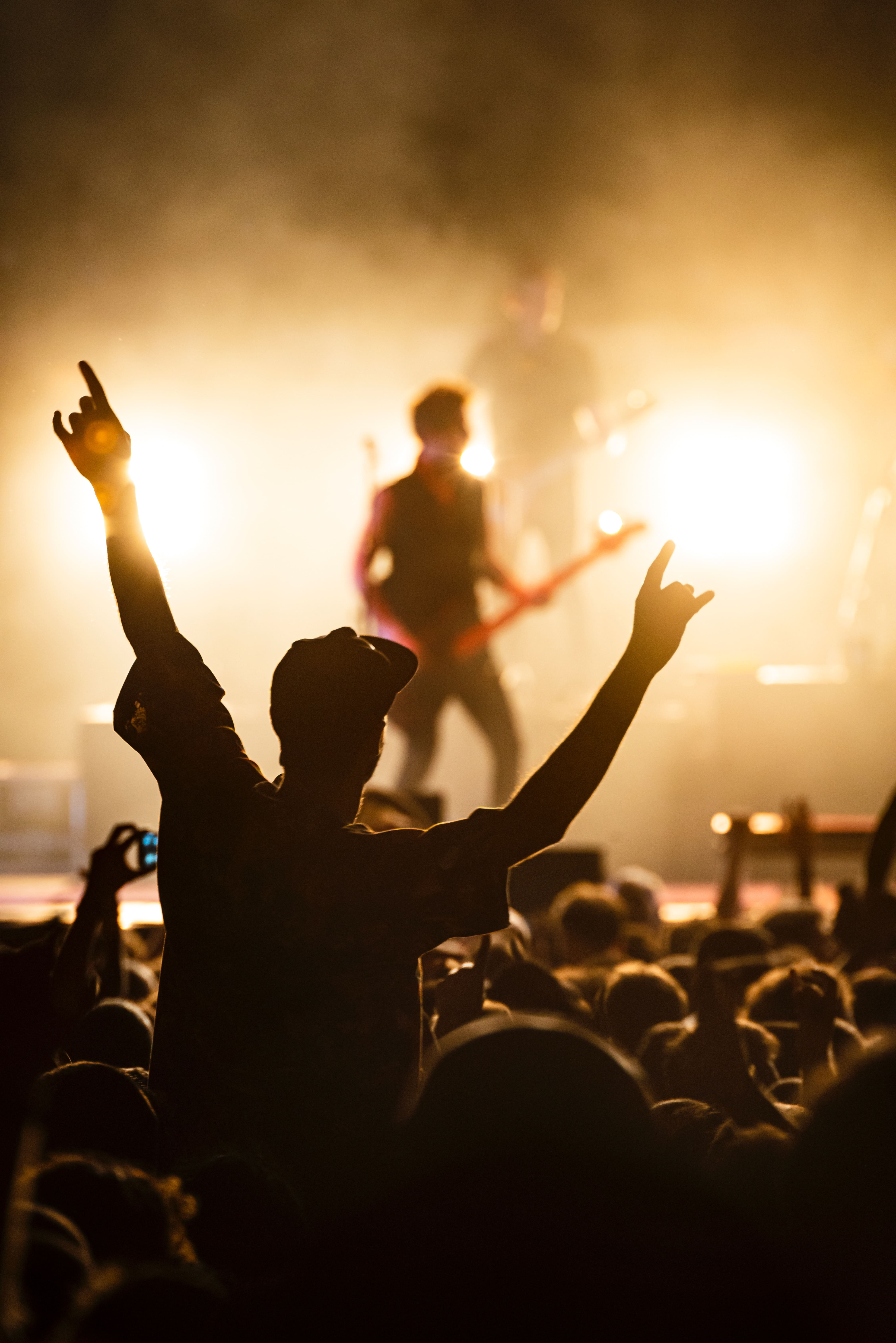 An image of a person sat on someone's shoulders in a crowd watching a rock band