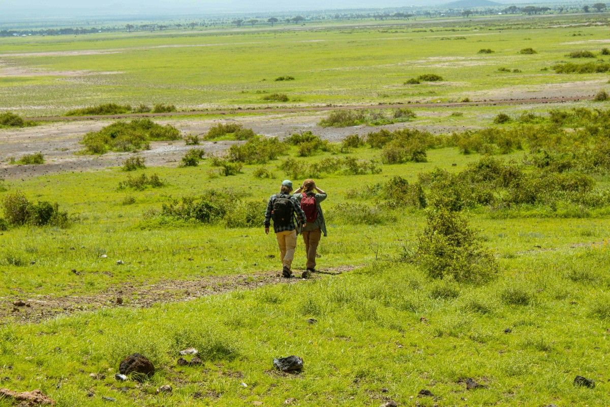 Two backpackers walking through Amboseli National Park 