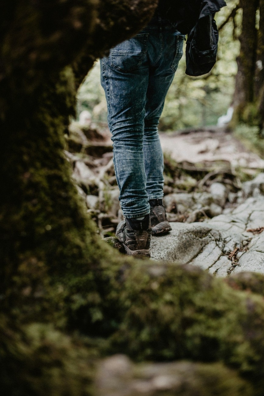 A man walking in a forest in Brecon Beacons