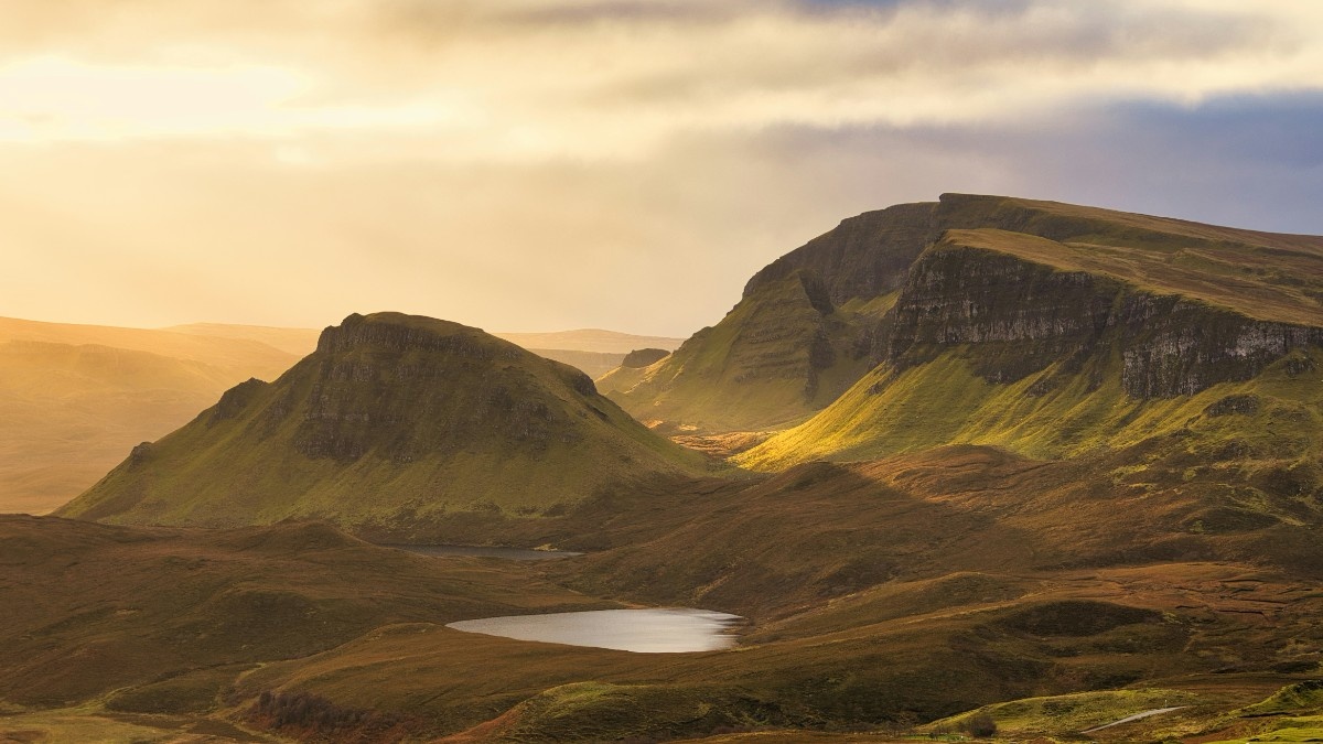 The Quiraing with the lake in the centre of the landscape