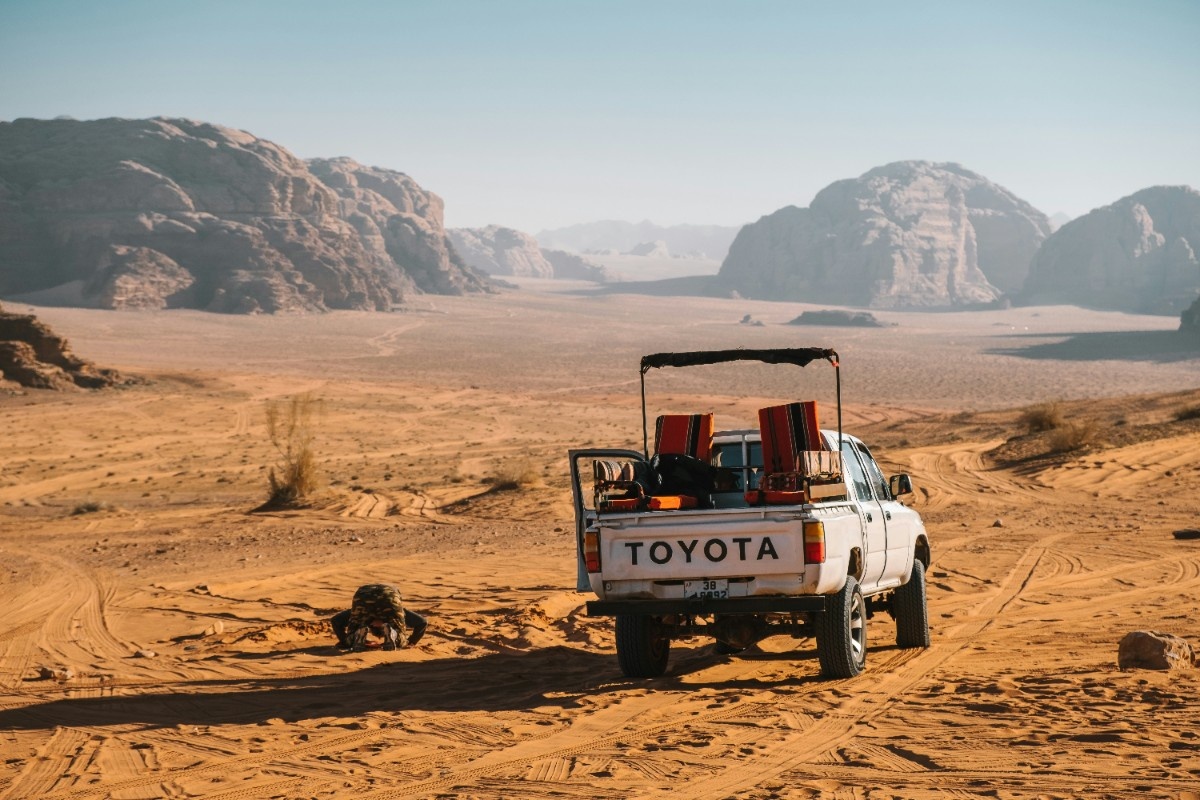 A Toyota van in Wadi Rum desert 